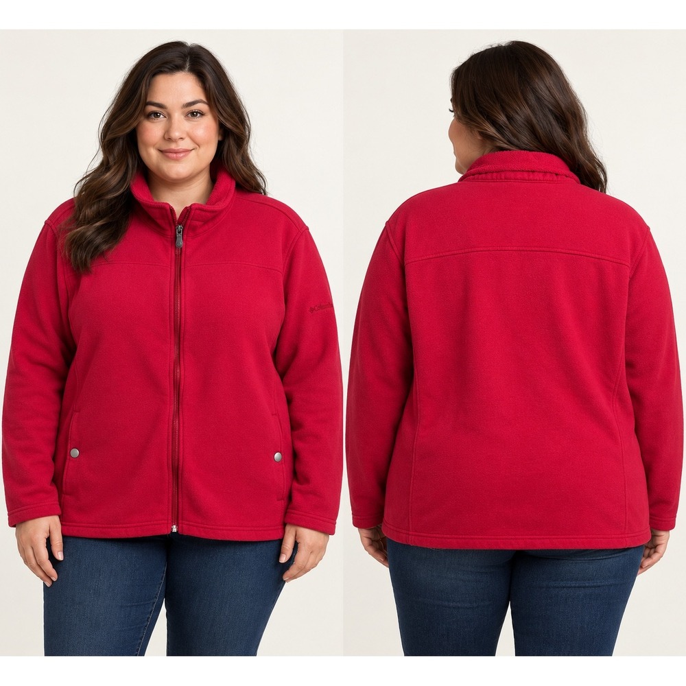 Columbia Womens 2X Red Full Zip Fleece Jacket Mock Neck Snap Pockets 210 XW 2351